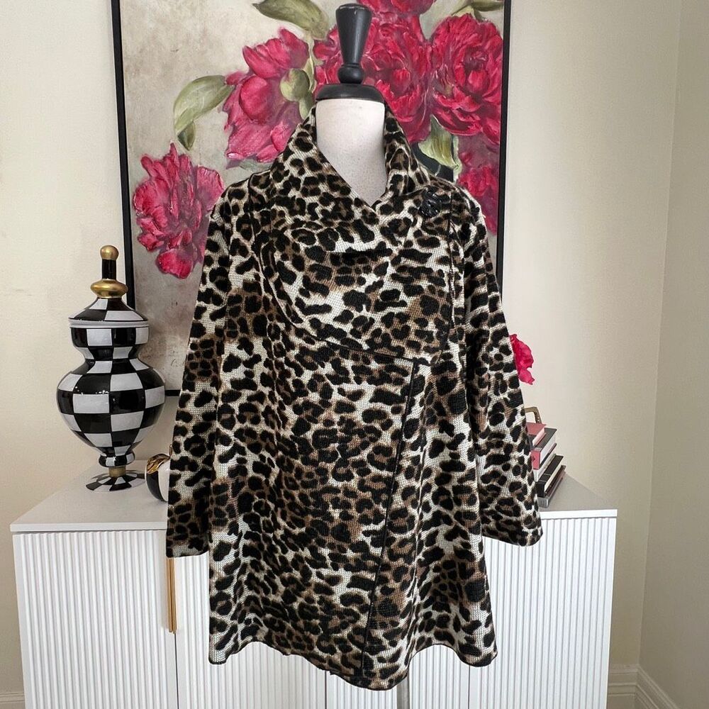 Ali Miles Women's Leopard Print Cowl Neck Wool Blend Cardigan Multicolor Medium